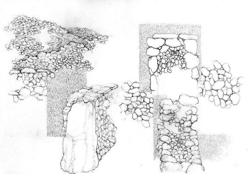Cube of collected stone and construction of a dry wall. Drawing by: J. Korošec, 2015.