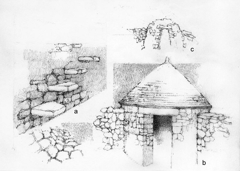 a) Stopnice v suhem zidu za dostop na teraso; b)Istrski kažun; c) Hišica in detajl stropa (korbeling konstrukcija). Risba: J. Korošec, 2015.